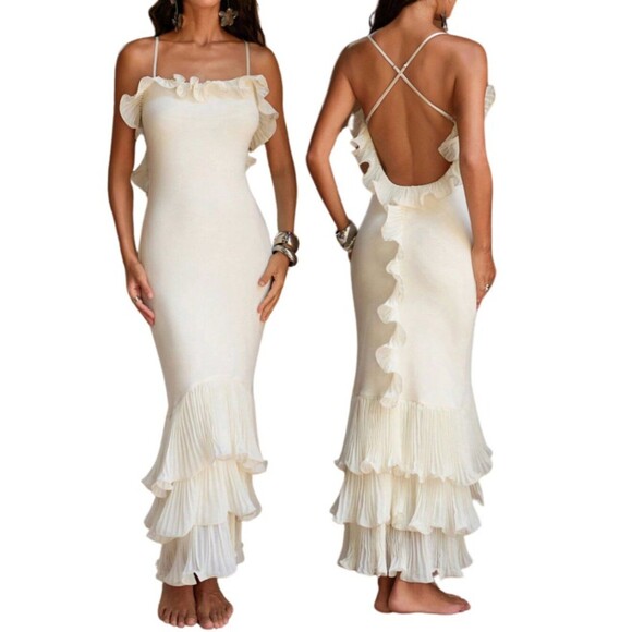 Unbranded Dresses & Skirts - Cream Ruffle Trim Backless Mermaid Maxi Dress Boho Beach Vacation Party Sz M